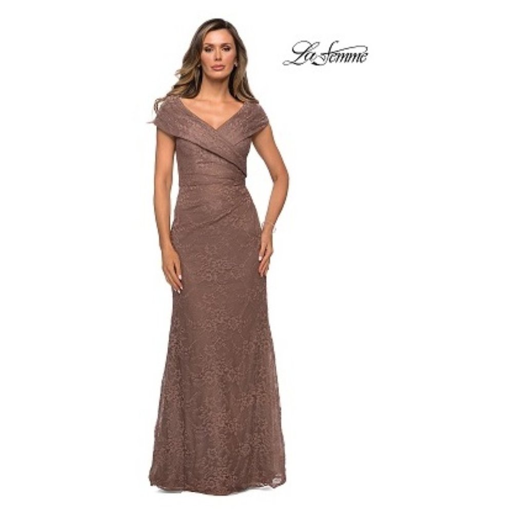 NEW LA FEMME 27982 Lace Crossover Evening Dress